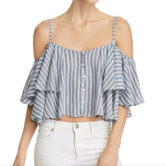 VINTAGE HAVANA striped cold shoulder cropped top with ruffle - Picture 1 of 6